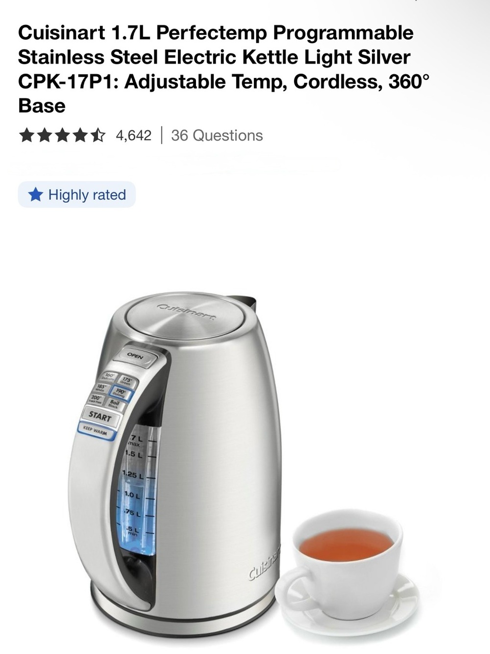 New Cuisinart 1.7L Programmable Stainless Steel Electric Kettle CPK-17P1